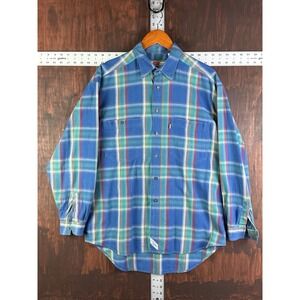 Levi's The Two Horse Brand Tag Plaid Blue Button Up Green Vintage 90s Men Medium